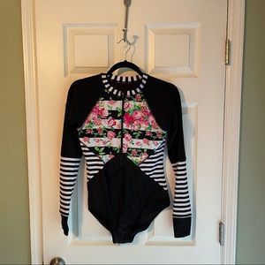Long sleeve swim suit one piece - black & white striped with pink floral print M